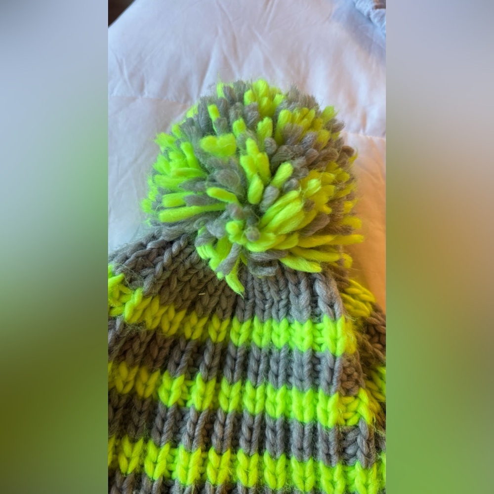 Women's Striped Knit Beanie - Neon Green and Gray - Picture 2 of 3